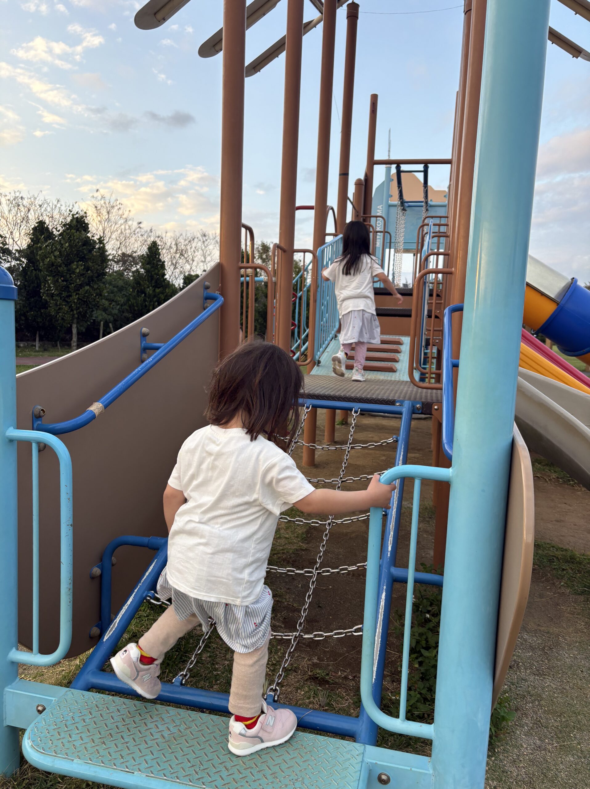 公園の遊具で遊ぶ姉妹