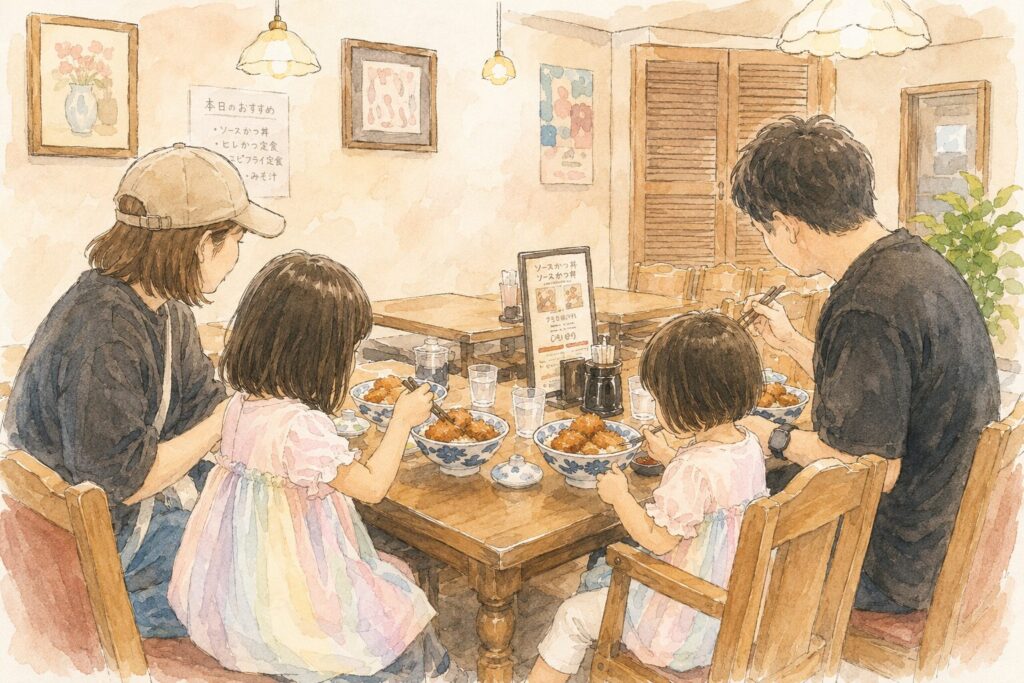 ヨーロッパ軒でソースカツ丼を食べる家族