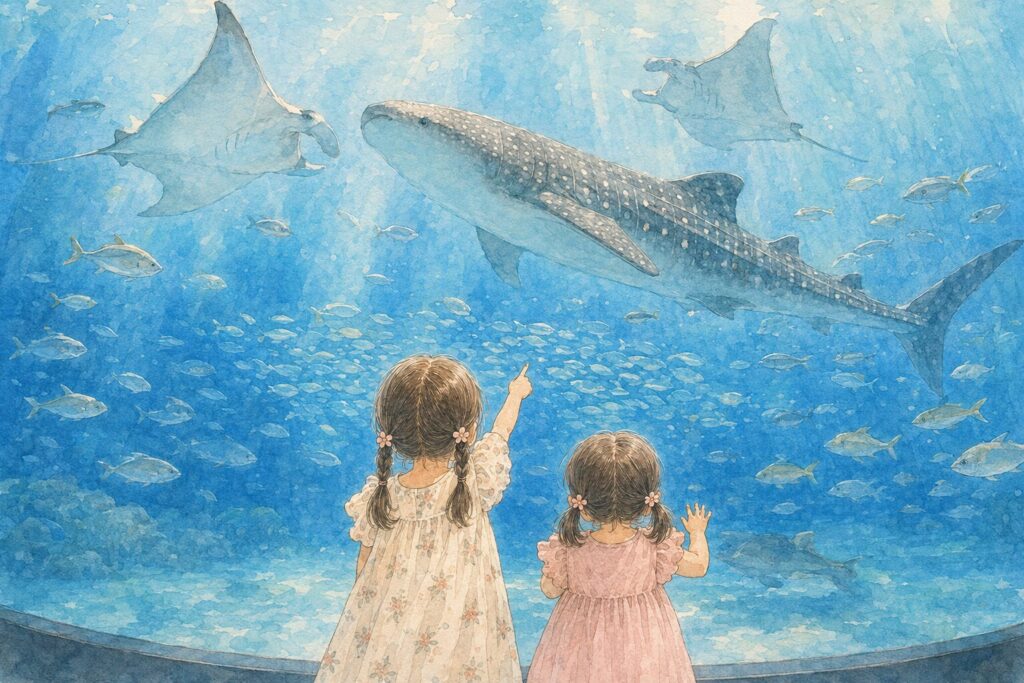 美ら海水族館の巨大水槽「黒潮の海」を見上げる姉妹