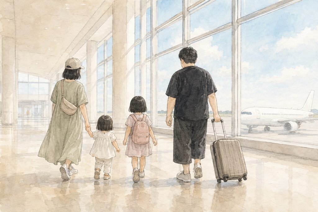 那覇空港の出発ロビーをスーツケースを引いて歩く家族4人｜子連れ沖縄旅行のまとめ