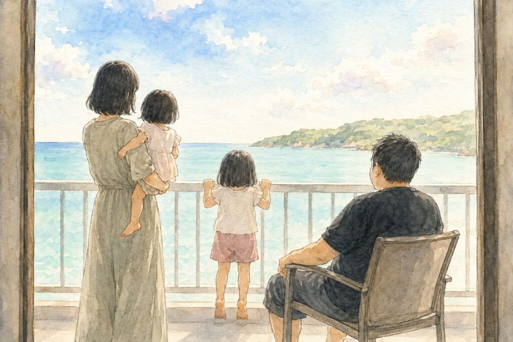 沖縄のホテルのバルコニーから海を眺める家族4人｜子連れでもゆったり過ごせる
