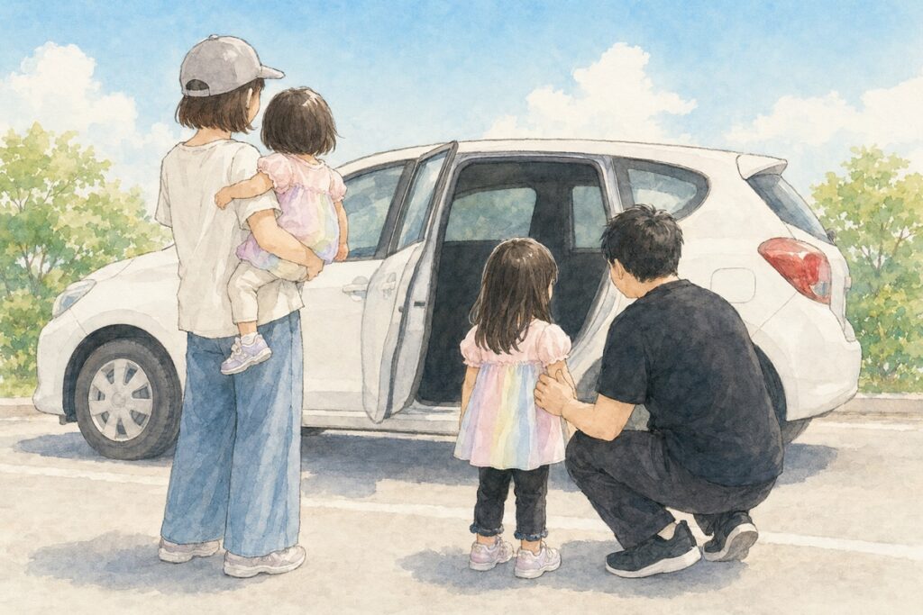 沖縄でレンタカーに乗り込む前の家族4人｜チャイルドシート付きの車を選ぶ