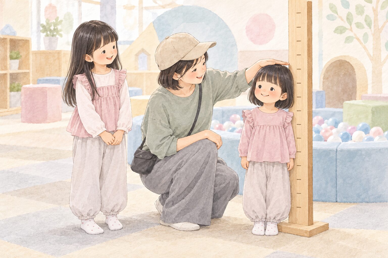 遊ぶ前に身長を確認するママと5歳・3歳の姉妹のイラスト