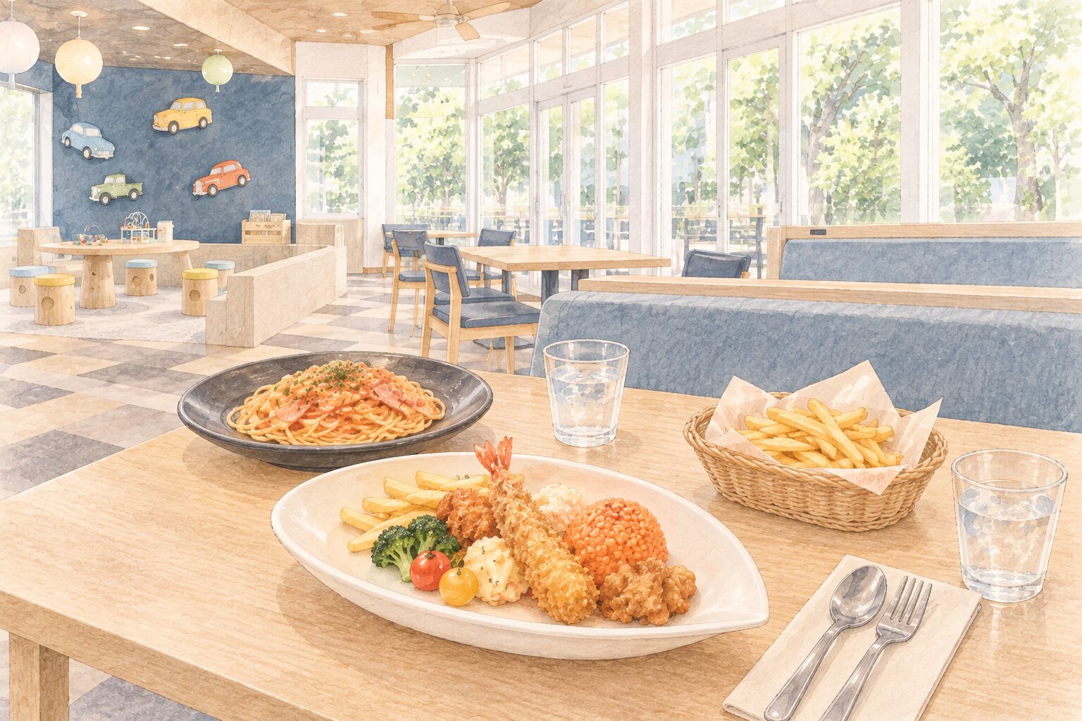 カフェ「ガブットリア」のお子様ランチとパスタ、明るい店内やキッズスペースを描いたイラスト