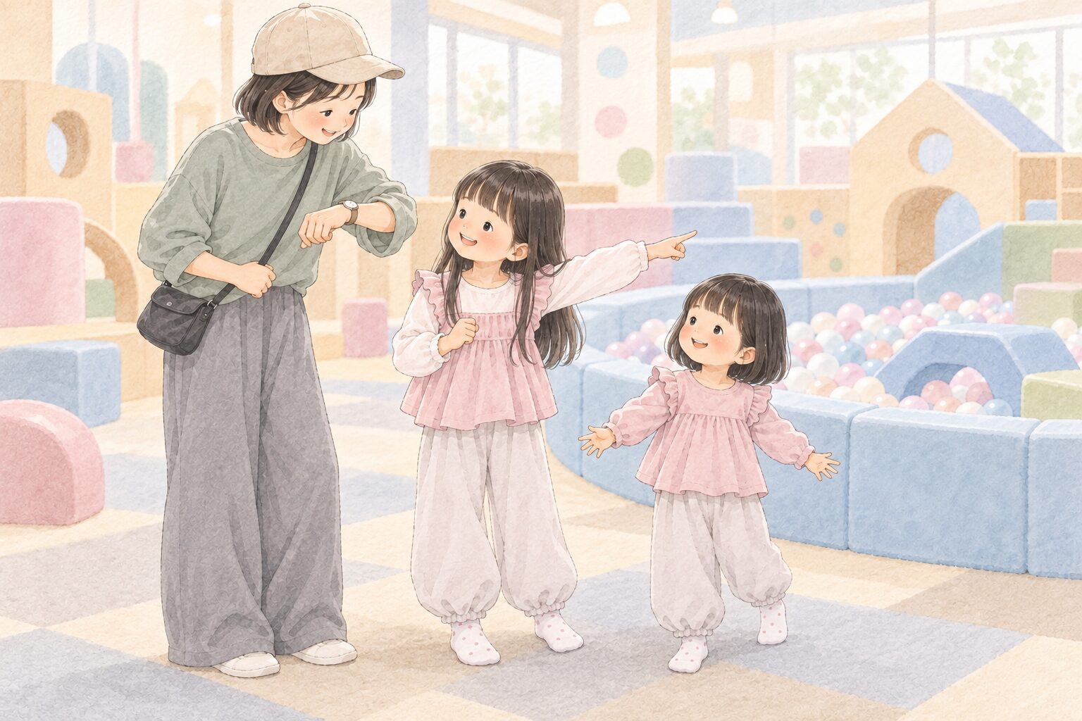 時計を確認するママと、まだ遊びたい様子の5歳・3歳の姉妹のイラスト