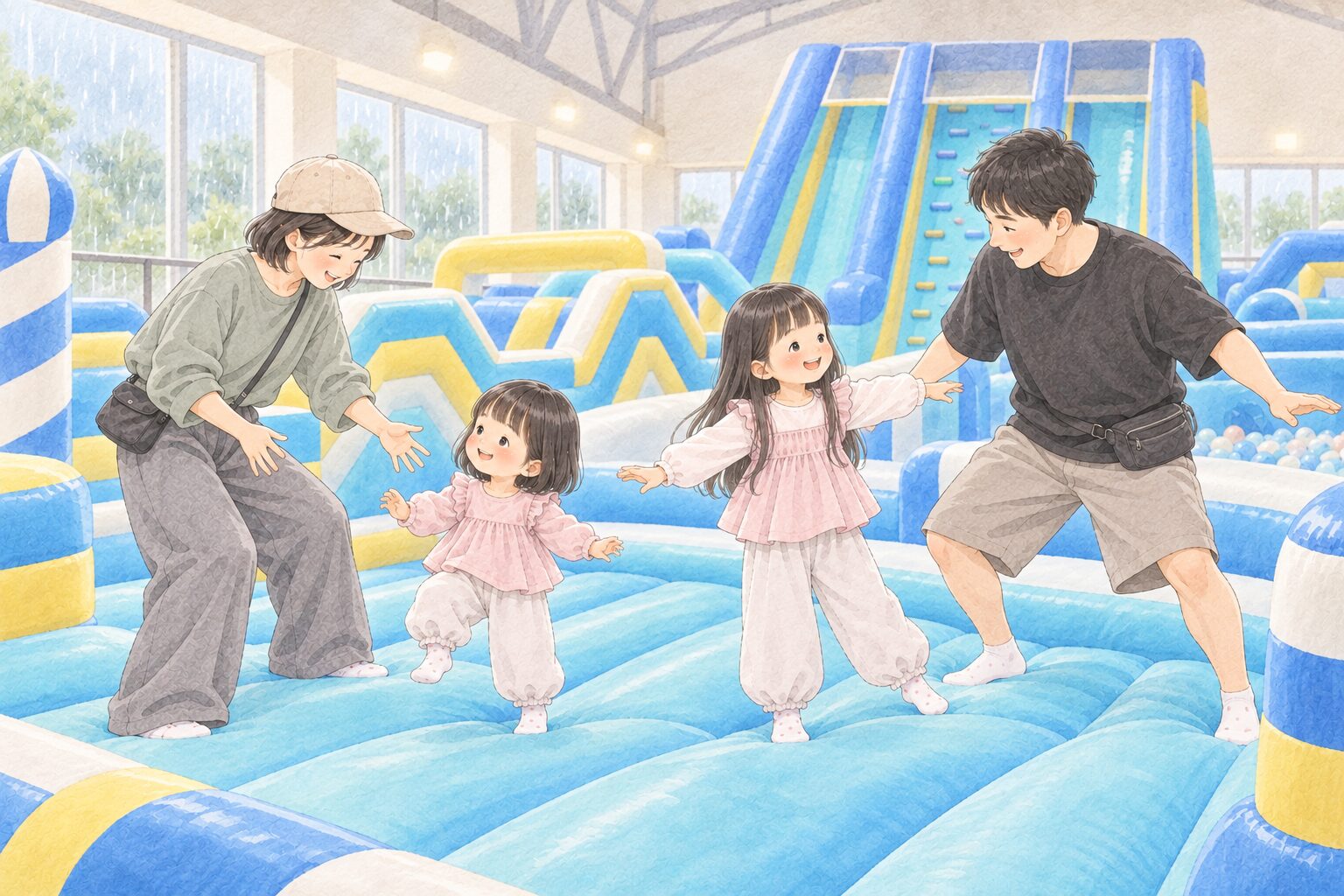 雨の日も屋内のエアアスレチックで笑顔で遊ぶパパ・ママと5歳・3歳の姉妹のイラスト
