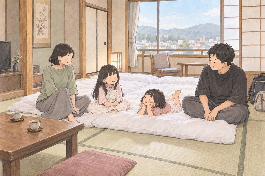 伊東園ホテル(本館)の部屋でくつろぐ家族