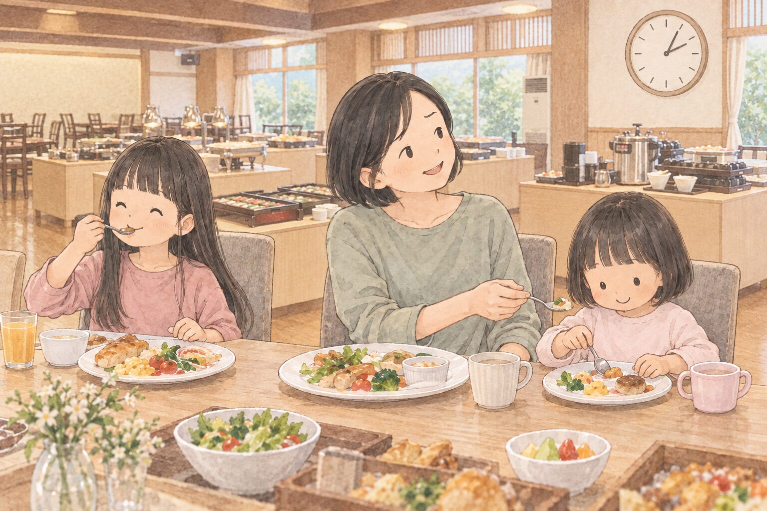 和の朝食会場で、子どもの食事を手伝いながら時計を気にするお母さんと、マイペースに食べる姉妹のイラスト