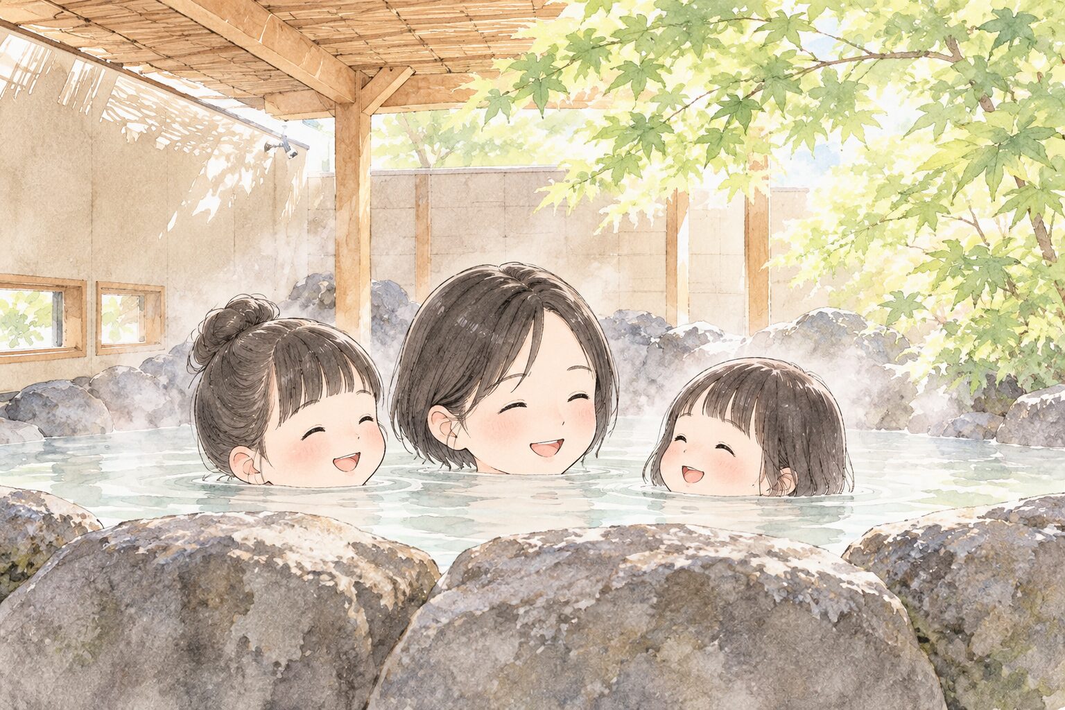 お母さんと2人の子どもが笑顔で温泉に浸かる水彩イラスト
