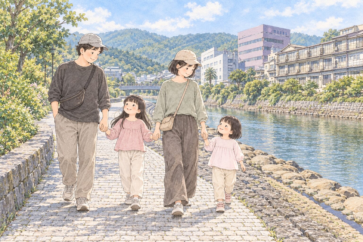 松川遊歩道を手をつないで散歩するお父さん、お母さんと姉妹の水彩イラスト