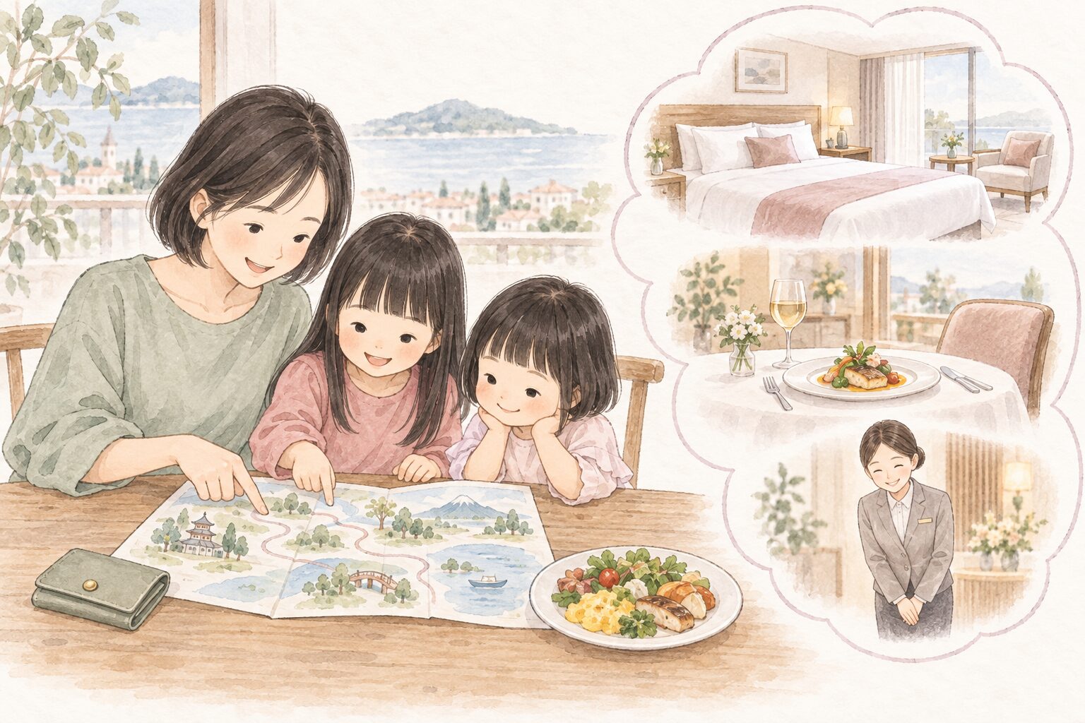 観光を楽しみに地図を見る親子と、快適な客室・ゆったりした食事・丁寧なおもてなしを思い描く旅の好みのイラスト